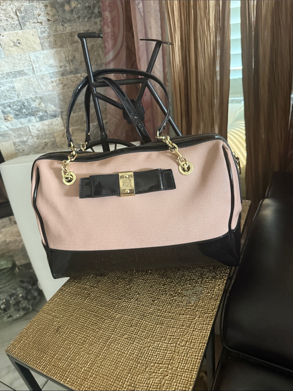 Anne Klein Pink and Black Satchel with Gold Hardware